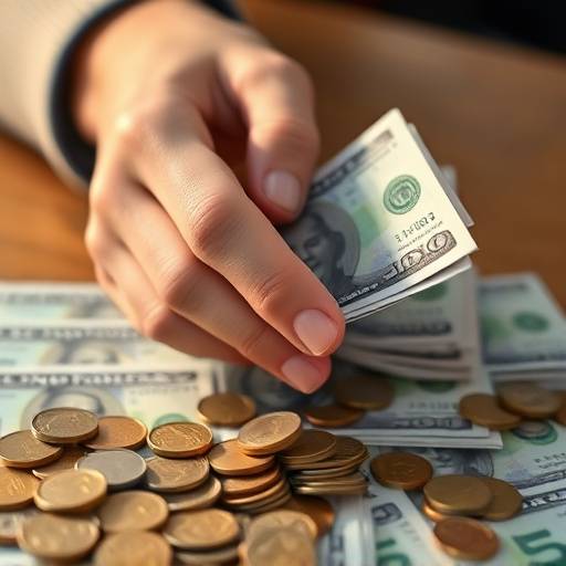 Hand counting money with coins and bills