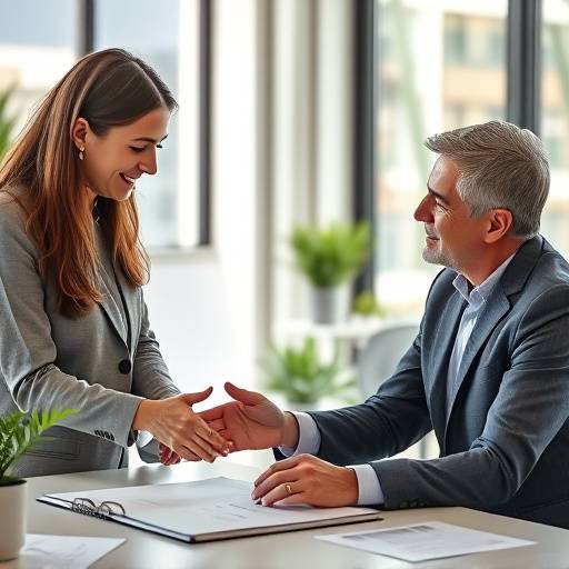 Two people discussing financial plans in an office setting